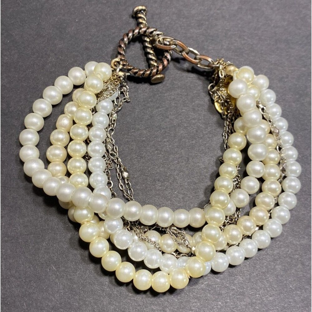 Erickson Beamon 8 Strand Faux Pearl Chain Toggle Bracelet Signed 8 3/4 in